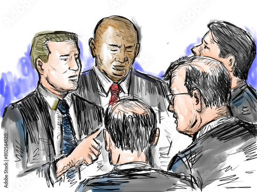 Pastel pencil pen and ink sketch illustration of a courtroom trial setting with lawyer and defendant, plaintiff or witness deliberating a court case hearing in judiciary court of law and justice.