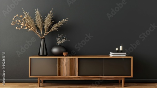 Fototapeta Naklejka Na Ścianę i Meble -  close up view of living room interior with dark wall copy space with personal accessories home decoration template.Ai generated
