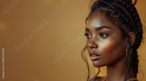 Stunning Portrait of a Young African American Woman with Braided Hair and Gleaming Skin