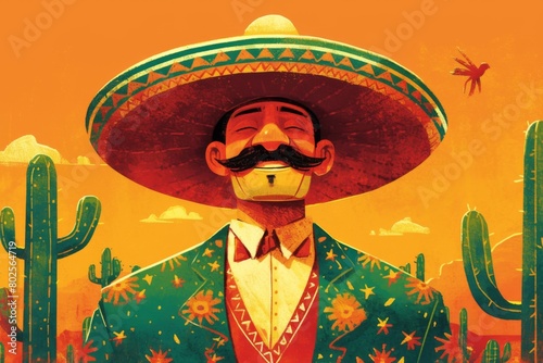 Portrait of mexican man in bright garment and sombrero. Cartoon character for Cinco de Mayo party, fiesta. Independence day, Viva Mexico. Greeting card, banner with latino men in national costume