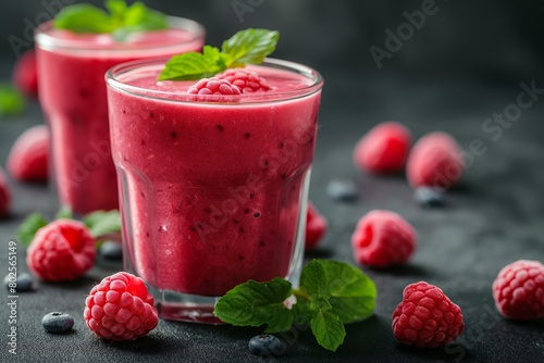 Raspberry smoothie in transparent glasses with green leaves and chia