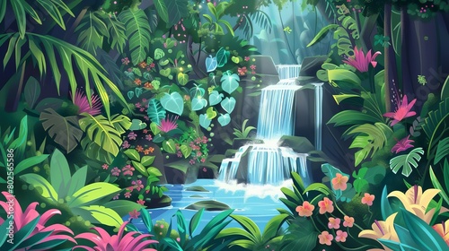 Craft a digital painting of a utopian garden paradise with cascading waterfalls  colorful exotic flora  and harmonious wildlife viewed from a worms-eye perspective Incorporate symbols representing str
