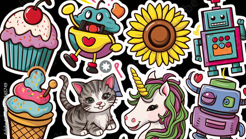 Set of themed stickers variety of characters and objects, unique color palette and design