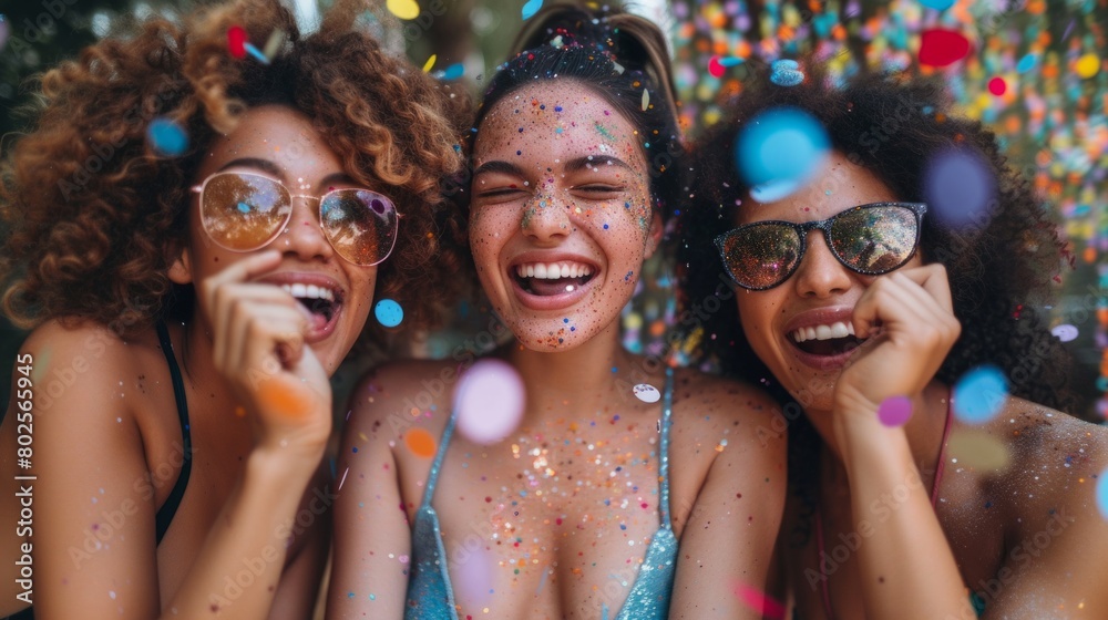 Joyful Friends Celebrating With Confetti At A Colorful Outdoor Party Joyful Friends Celebrating With Confetti At A Colorful Outdoor Party