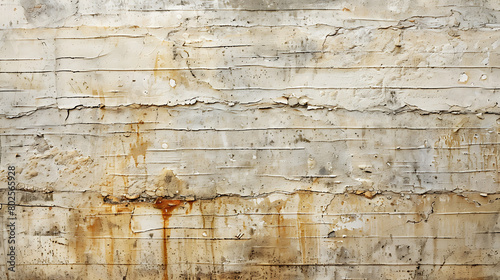 The surface appears to be a flat wall or canvas. It has a beige base color with horizontal lines suggesting layers or panels. Visible stains, marks, and discolorations are spread across the surface photo