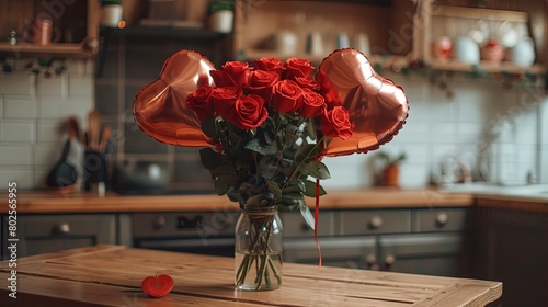 Heart-Shaped Balloons and Red Roses in a Cozy Kitchen Setting