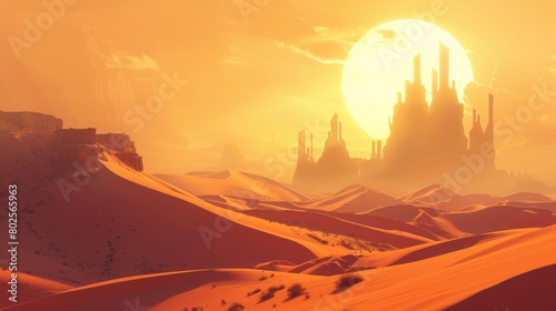 A vast desert landscape with nothing but towering sand dunes and a blazing sun in sight. Suddenly the silhouette of an ancient ruin . .