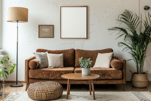 Warm and cozy interior of living room space with brown sofa  pouf  beige carpet  lamp  mock up poster frame  decoration  plant and coffee table. Cozy home decor. Template - generative ai