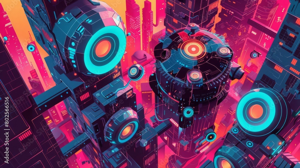 Obraz premium Design a high-angle depiction of Robotic Guardians in an abstract urban environment, blending elements of fantasy and realism Create a visually striking composition with a harmonious fusion of vivid c