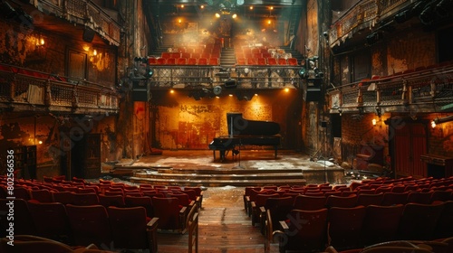 deserted theater with a lone piano at its center, waiting silently for a pianist to breathe life into its keys.
