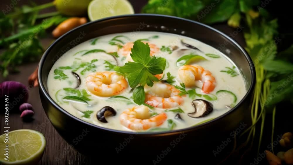A bowl of soup with shrimp and green herbs