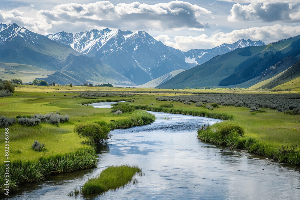 A serene river flowing through a green valley, surrounded by mountains.