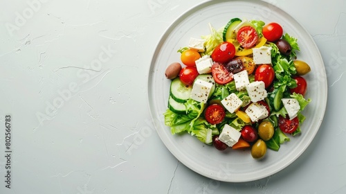 A colorful dish of salad made with fresh tomatoes, cucumbers, olives, and feta cheese displayed on a table AIG50