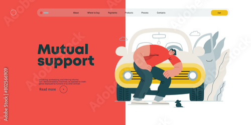 Mutual Support: Adopting a stray animal -modern flat vector concept illustration of man stopping his car for a kitten on the road A metaphor of voluntary, collaborative exchanges of resource, services