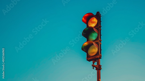 The image features a traffic light with three circular lights arranged vertically. The top light is red but not illuminated