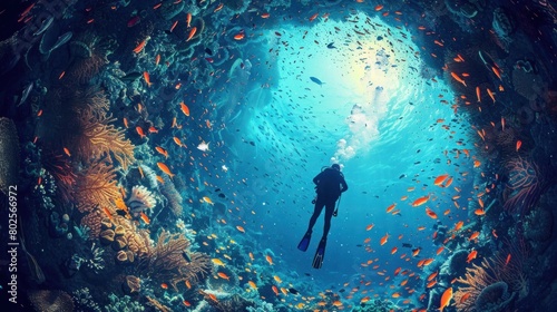 Scuba Divers Explore Ocean Tunnel with Undersea Life: Wide Banner Design with Copyspace photo