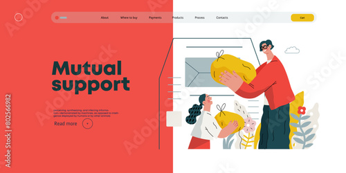 Mutual Support Giving clothes to donation bins -modern flat vector concept illustration of people placing bags of clothes into drop-off box A metaphor of voluntary, collaborative exchanges of resource