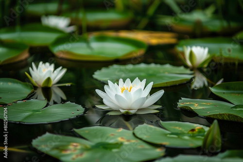 A serene pond with green water lilies blooming on the surface.