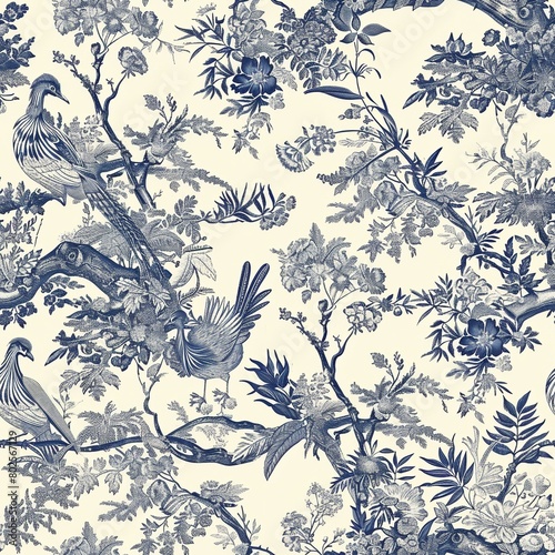 French toile inspired blue pattern on light beige background, seamless pattern