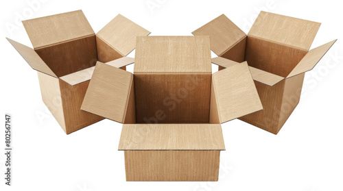 Multiple cardboard boxes opened and stacked isolated on transparent background