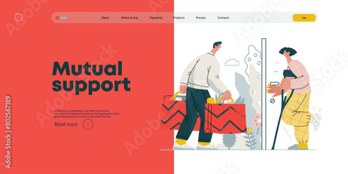 Mutual Support Buying groceries for ill neighbor -modern flat vector concept illustration of man carrying shopping bags for woman on crutches Metaphor of voluntary, collaborative exchanges of services