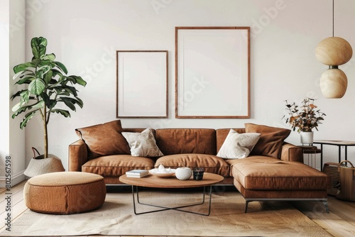 Warm and cozy interior of living room space with brown sofa  pouf  beige carpet  lamp  mock up poster frame  decoration  plant and coffee table. Cozy home decor. Template - generative ai
