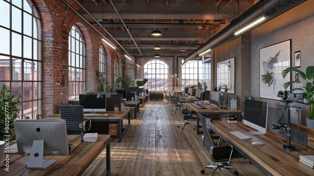 view of open office space with rows of computer desks, skylight and sunlight.Ai generated