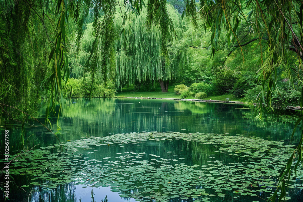 A serene pond surrounded by weeping willow trees
