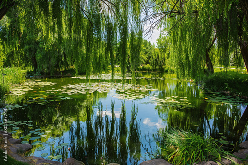 A serene pond surrounded by weeping willow trees