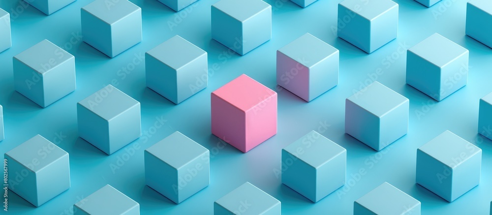 An exceptional pink box stands out amidst a sea of blue boxes on a blue background in a simplistic flat lay composition. An exceptional pink box stands out amidst a sea of blue boxes on a blue background in a simplistic flat lay composition.