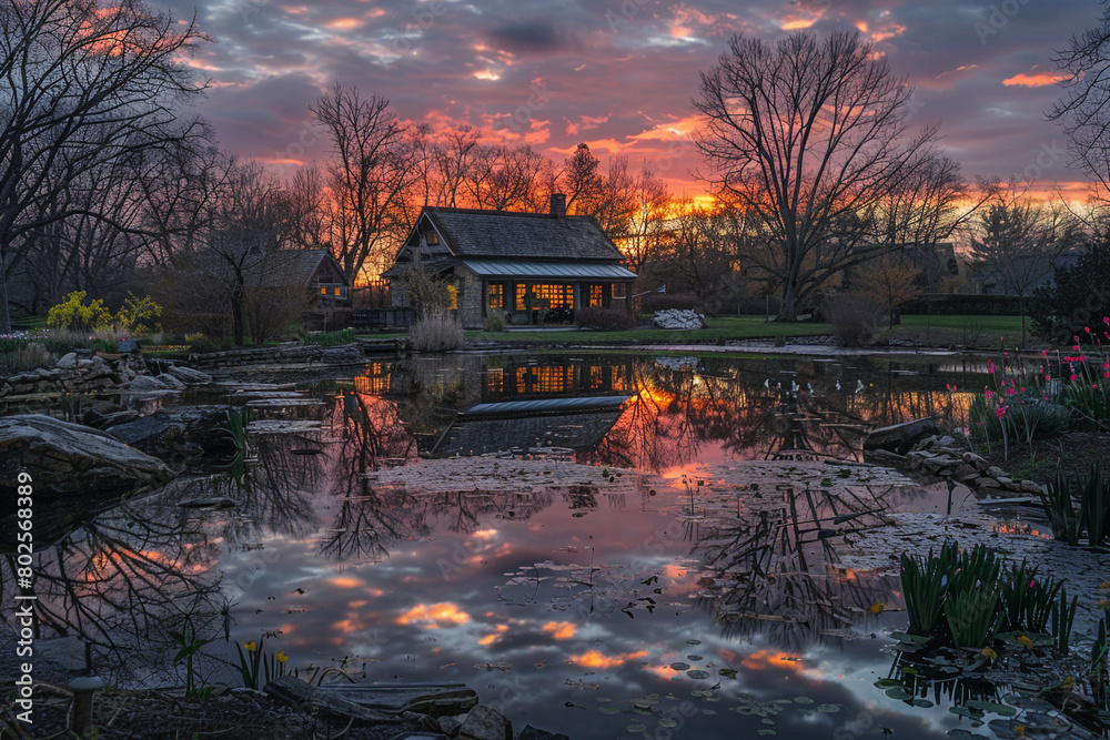 A serene pond reflecting a vibrant sunset, casting a warm glow on the Easter festivities.