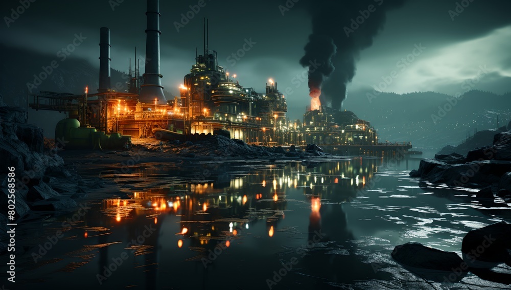 a painting of a factory with a lot of smoke coming out of it's stacks and pipes at night.. a painting of a factory with a lot of smoke coming out of it's stacks and pipes at night..