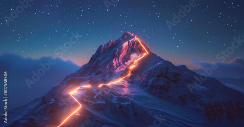 3d rendering of glowing line path on mountain peak with starry sky background. Concept for business success, achievement and progress idea