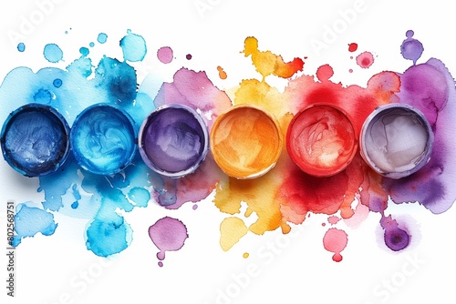 Open watercolor paint pots with vibrant splashes across a spectrum of colors