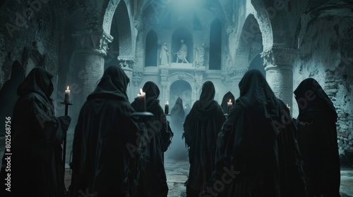 In the dark catacombs beneath a Gothic cathedral a group of cloaked figures gather to perform a witchcraft ritual. With ceremonial . .