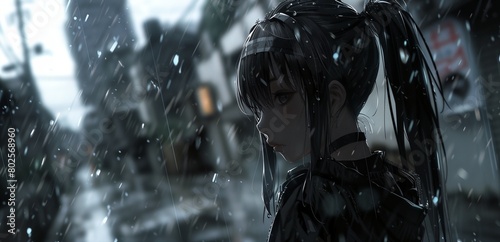 a woman standing in the rain with a ponytail in her hair