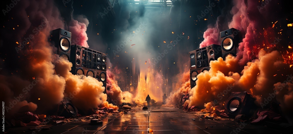 a large group of speakers surrounded by smoke and fire in a dark room a large group of speakers surrounded by smoke and fire in a dark room