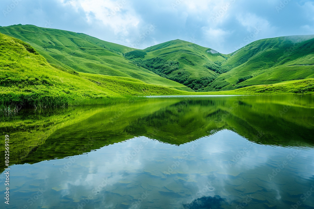 Obraz premium A serene lake reflecting the vibrant green hills that surround it.