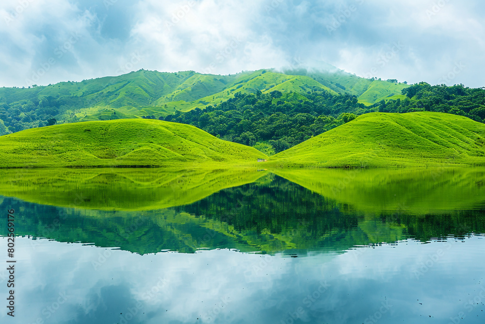 A serene lake reflecting the vibrant green hills that surround it.
