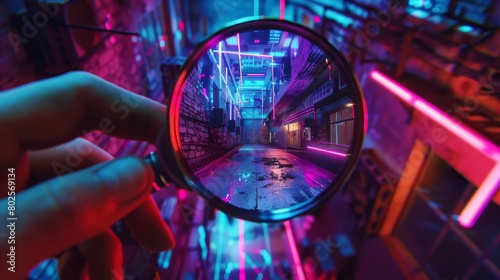Imagine a stylish virtual reality detective scene from above Envision a trendy investigator with a classic magnifying glass, examining holographic clues in a futuristic neon-lit alley