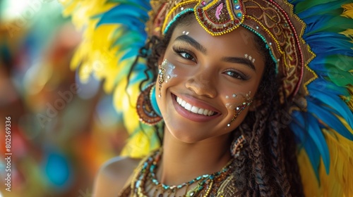 Vibrant Carnival Dancer Smiling in Traditional Costume, Colorful Feathers and Festive Makeup
