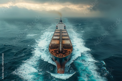 A massive ship glides across the expansive water body under the cloudy sky photo