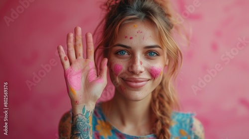 Happy Young Woman with Colorful Paint on Face and Hand  Smiling Playfully