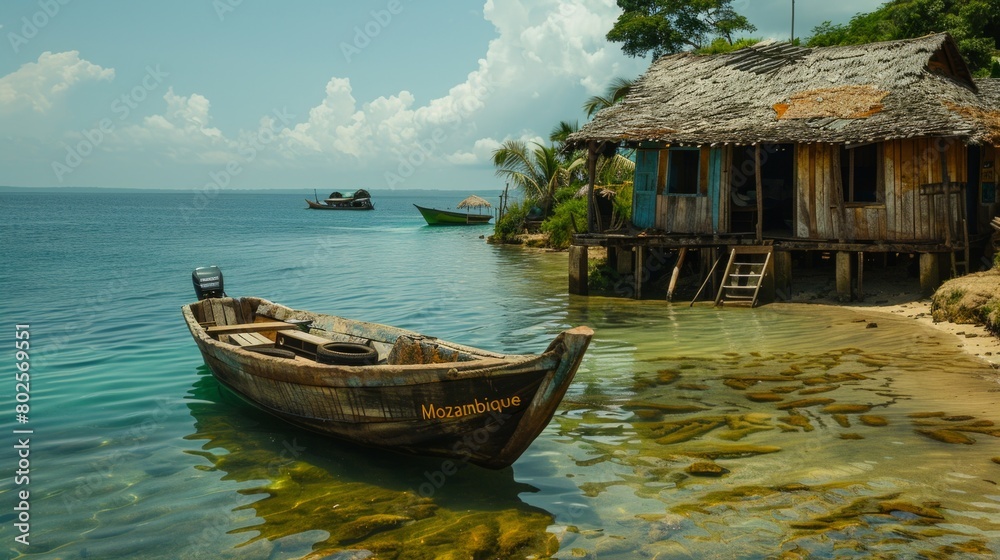 Serene Mozambique Beach Scene with Traditional Boat and Wooden Hut