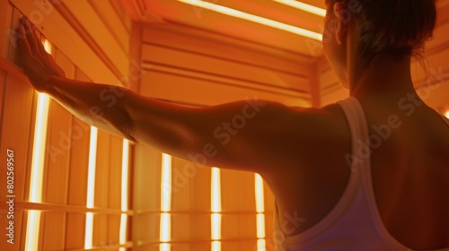 A person slowly stretching their arms and legs while inside the infrared sauna working out any muscle tightness and tension..