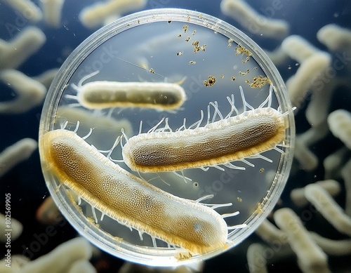 Bacteria under a microscope. Illustration of a bacteria. Bacillus bacterium. Microbiology. Science. Bacteria. Classification and Identification. Bacteria in a Petri Dish