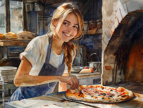 Femme pizzaiolo en train de sortir une pizza du four à bois avant de la servir aux clients dans son restaurant italien, dessin à l'aquarelle