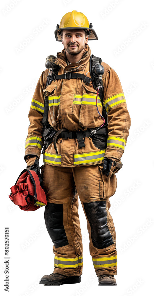 Brave firefighter in full gear standing isolated on transparent background