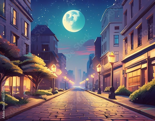 日本のアニメ背景風満月空の街並みストリートビュー背景イラスト