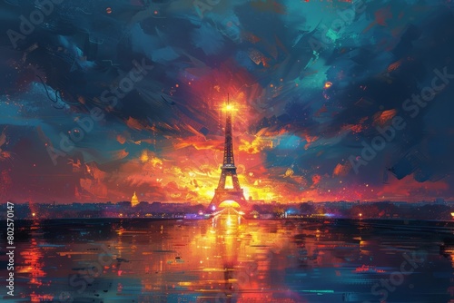 A nighttime painting of the Eiffel Tower in Paris under the afterglow sky